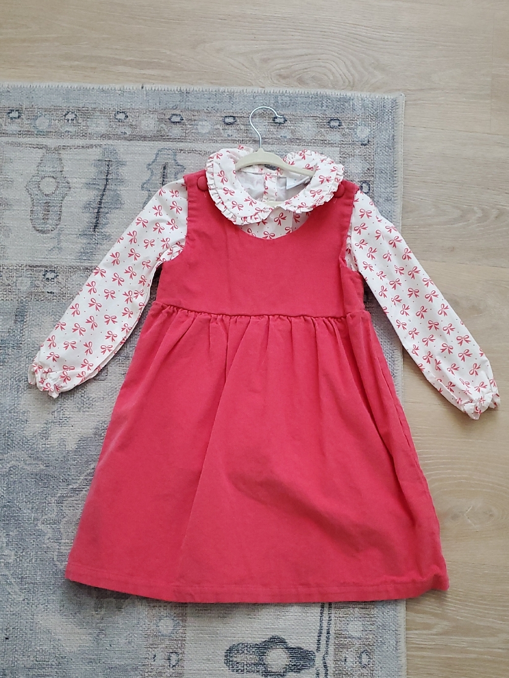 Stitchy Fish Girls Pink Bow Collared Shirt And Pink Jumper Dress Set Outfit Sz6